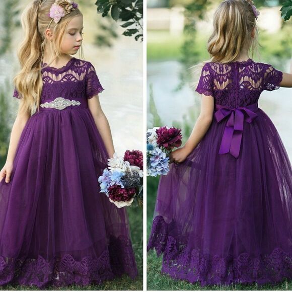 Purple Lace Flower Girl Dress Size 4 - Picture 8 of 9
